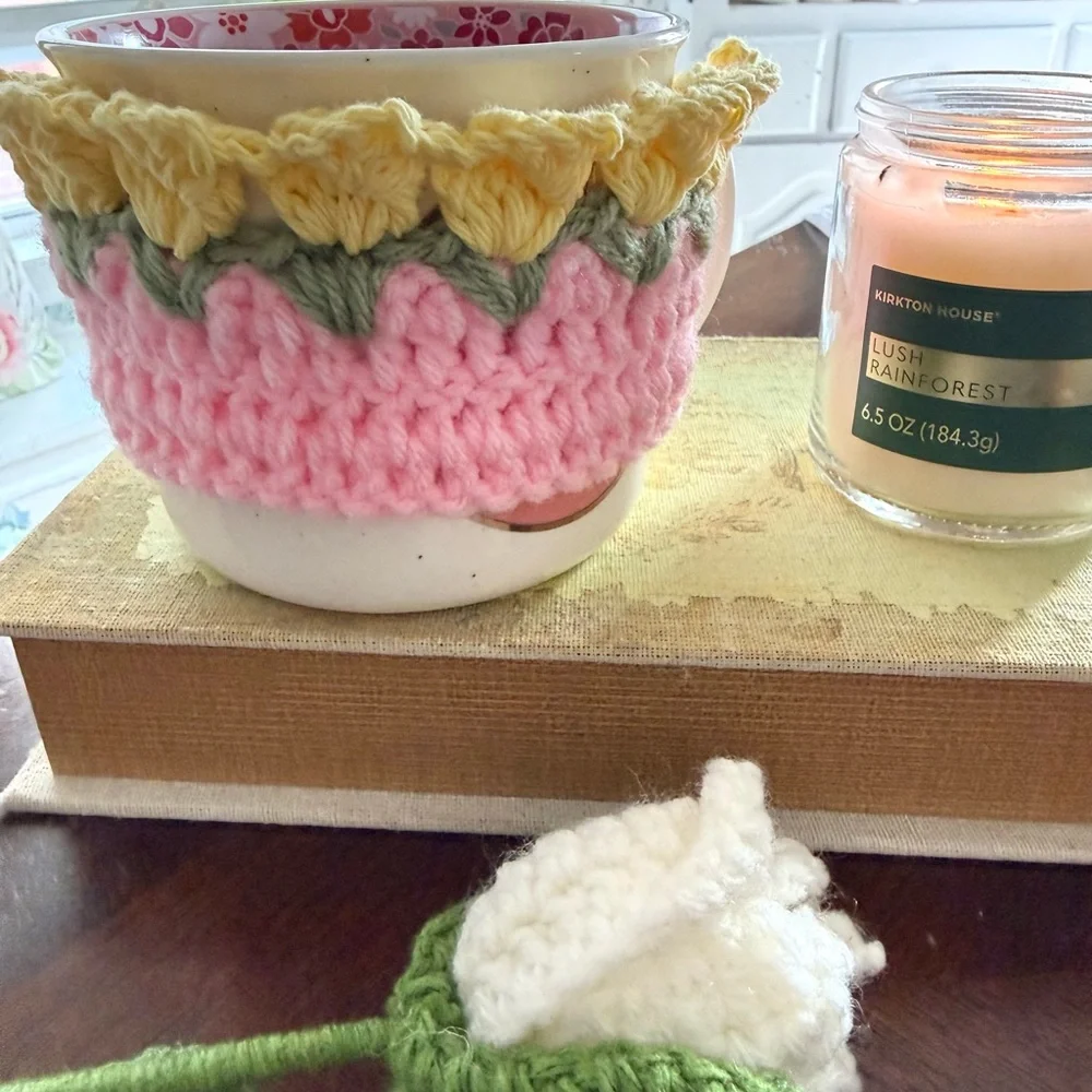Handmade Crochet Tulip Mug Cozy - Pink & Yellow Floral Cup Sleeve